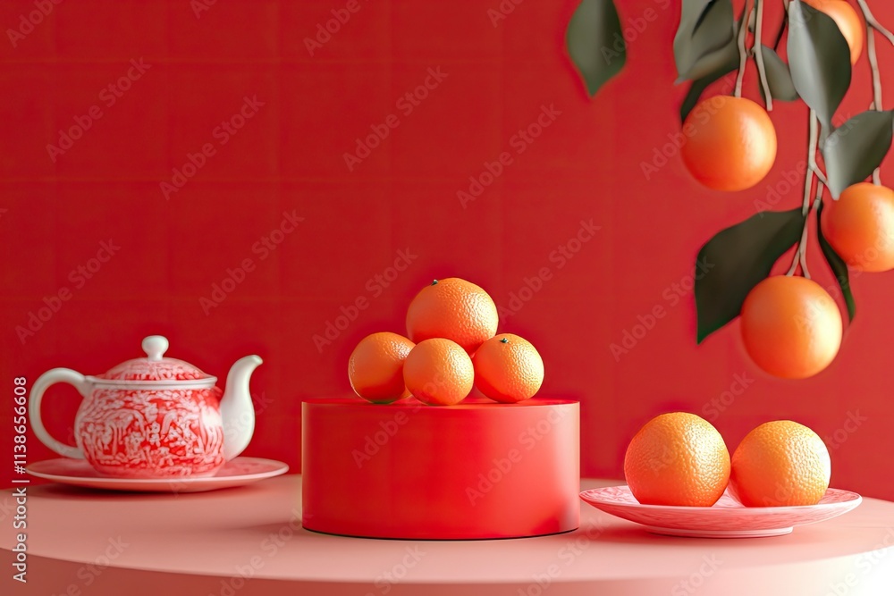 Front view of a red podium placed in the center of the frame, a tea set and a plate of tangerines on the table. Scene for advertising cakes and candy on Tet holiday. Front view of a red podium placed in the center of the frame, a tea set and a plate of tangerines on the table. Scene for advertising cakes and candy on Tet holiday.