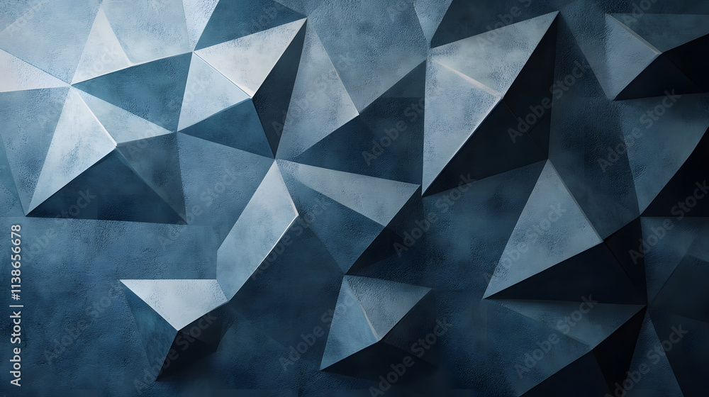 Fototapeta premium A modern geometric abstract design featuring 3D triangular shapes and textured blue surfaces with sharp angles and light shadows. .