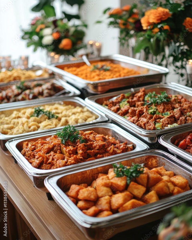 A diverse spread of delicious food featuring various dishes and vibrant garnishes at a festive gathering. A diverse spread of delicious food featuring various dishes and vibrant garnishes at a festive gathering.