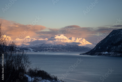 Winter landscape with a fjord and mountains,, Norway photo