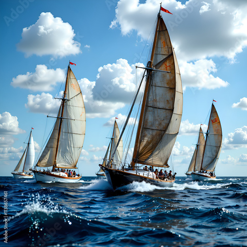 A dynamic regatta of sailboats racing under a bright blue sky and fluffy white clouds, digital painting of action concept. photo