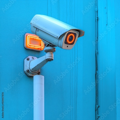 A modern security camera mounted on a vibrant blue wall, featuring an eye-catching orange light, showcasing advanced technology. photo