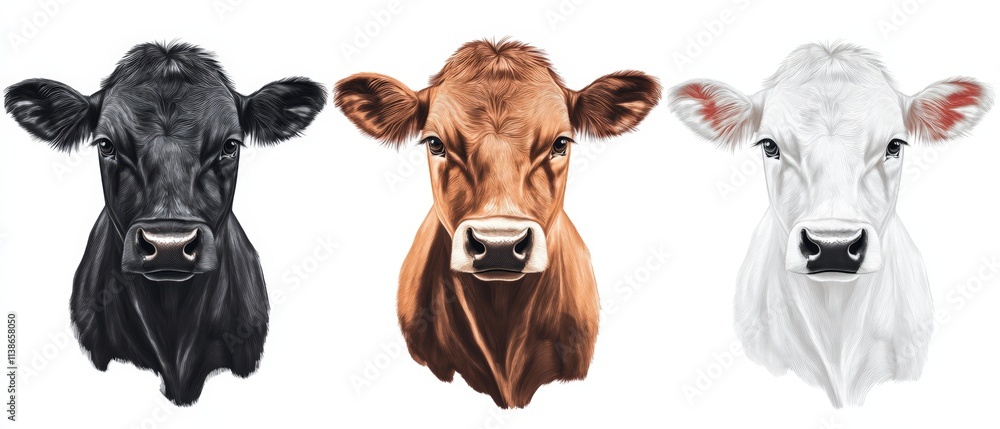 Three detailed illustrations of cow heads in frontal view showing different coat colors - black, brown, and white - with highly realistic fur textures and expressive eyes. Generative AI Three detailed illustrations of cow heads in frontal view showing different coat colors - black, brown, and white - with highly realistic fur textures and expressive eyes. Generative AI