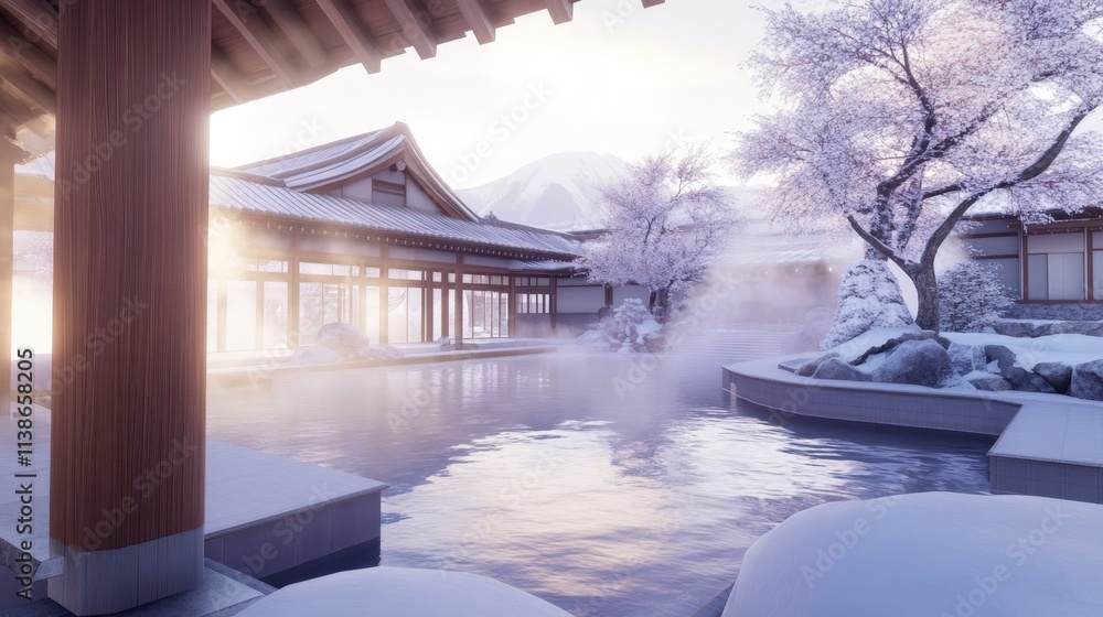 Tranquil Winter Scene of Traditional Japanese Onsen with Snowy Surroundings Tranquil Winter Scene of Traditional Japanese Onsen with Snowy Surroundings