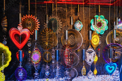 Colorful wind spinners displayed in market stall. Concept of vibrant decoration, creative ornaments photo