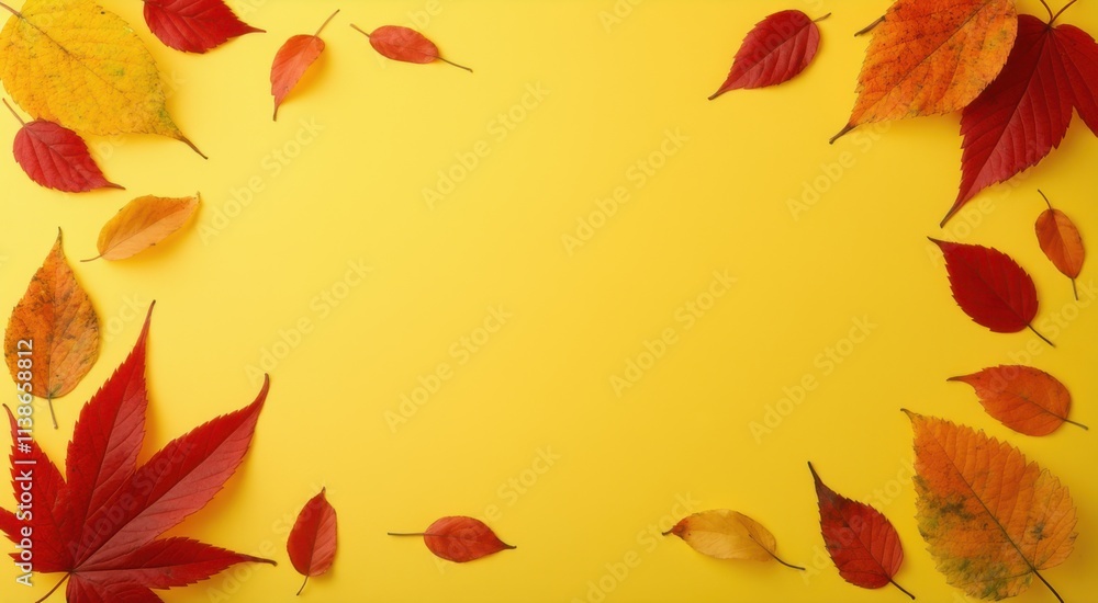Yellow background with red and yellow leaves on it, space for text Yellow background with red and yellow leaves on it, space for text