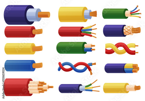 Cartoon copper wires. Electrical cables in colorful rubber plastic flexible winding. Electric wire for repairing, electricity equipment nowaday vector set