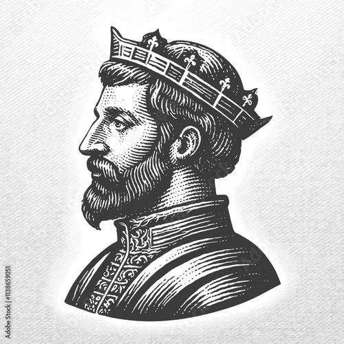 Profile of a King. Vintage woodcut engraving style.