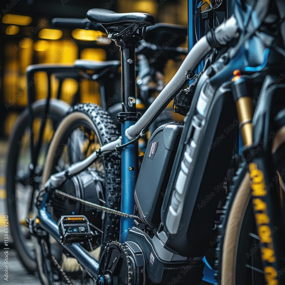 Close-up of a modern electric mountain bike showcasing its sleek design and advanced features. Close-up of a modern electric mountain bike showcasing its sleek design and advanced features.