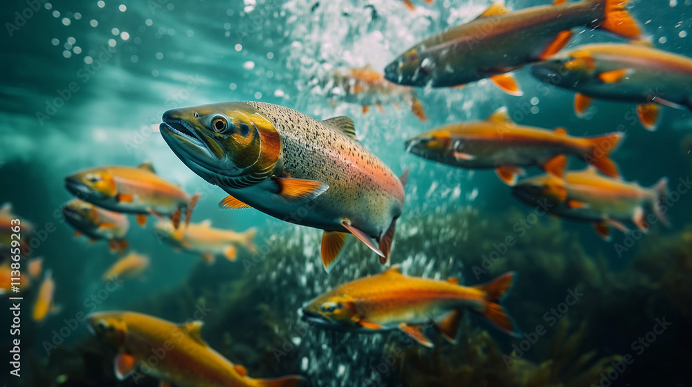 Fototapeta premium Underwater view of salmon swimming in a group.
