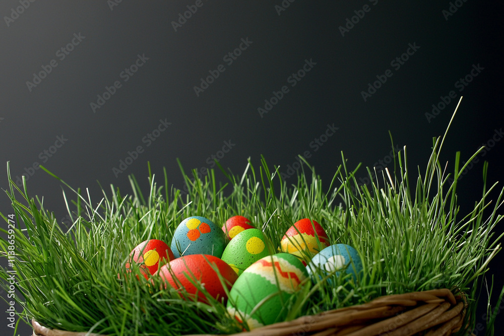 Fototapeta premium Colorful Easter eggs nestled in grass basket