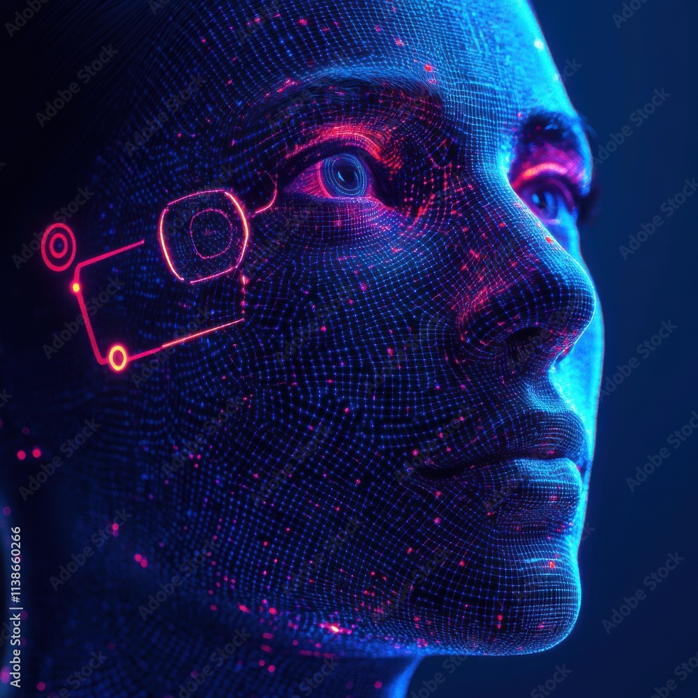 A digital female face created with glowing blue mesh, showcasing a futuristic and cybernetic vibe. A digital female face created with glowing blue mesh, showcasing a futuristic and cybernetic vibe.