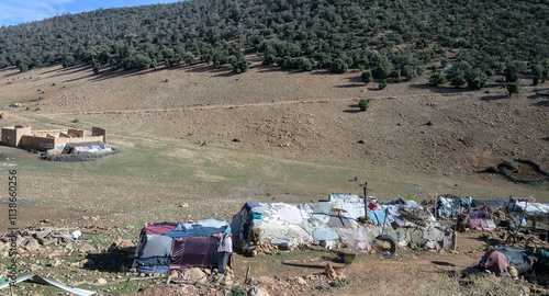 Картината върху платно A Cluster of Makeshift Temporary Shelters Nomad Encampment in Morocco