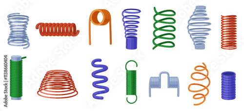 Cartoon various springs. Metal spring, isolated slinky coils. Flexible elements for technics, repair equipment, pressure steel wire, nowaday vector clipart