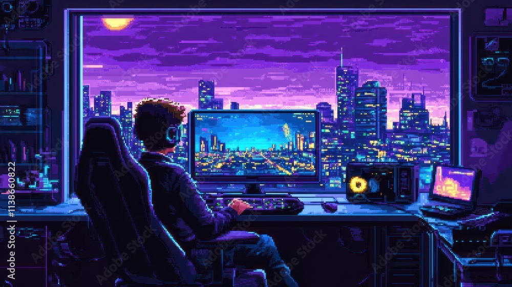Pixel art futuristic gaming room with neon lights, ergonomic chair, and high-tech screens. Cyberpunk style gaming setup and workspace concept for digital design and technology Pixel art futuristic gaming room with neon lights, ergonomic chair, and high-tech screens. Cyberpunk style gaming setup and workspace concept for digital design and technology