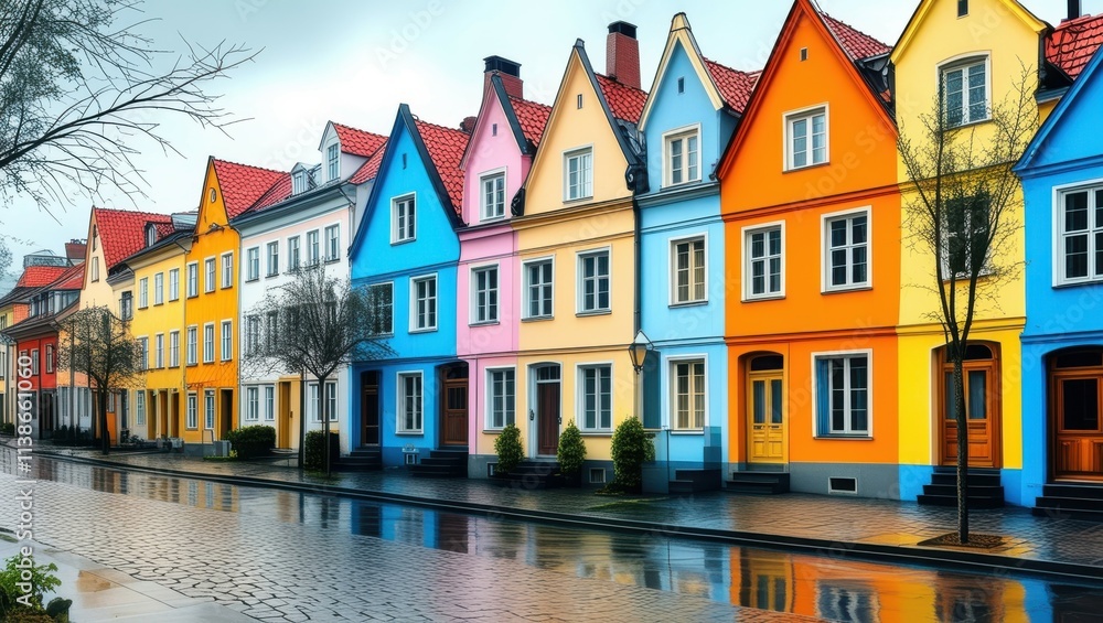Fototapeta premium Colorful row houses, vibrant facades, cobblestone street, rainy day, reflections, European architecture, charming townhouses, pastel colors, bright hues, quaint neighborhood, historical buildings, nar