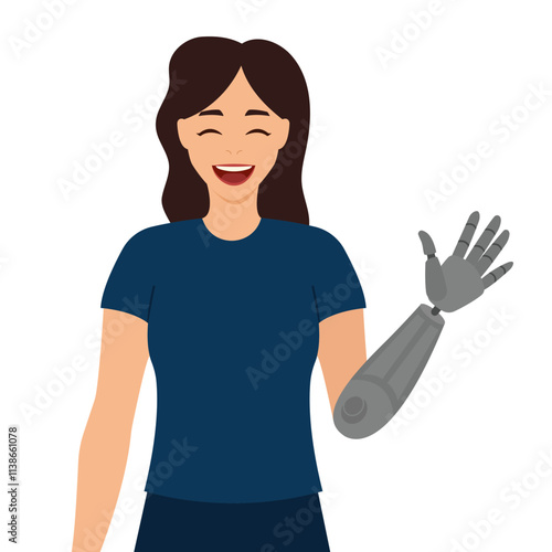 Smiling girl waving with prosthetic hand - prosthesis vector illustration.