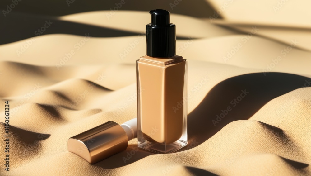 Naklejka premium cosmetic bottle, foundation makeup, beige liquid, glass container, black cap, soft shadows, smooth fabric backdrop, warm lighting, minimalist product photography, beauty product, luxury cosmetics, stu