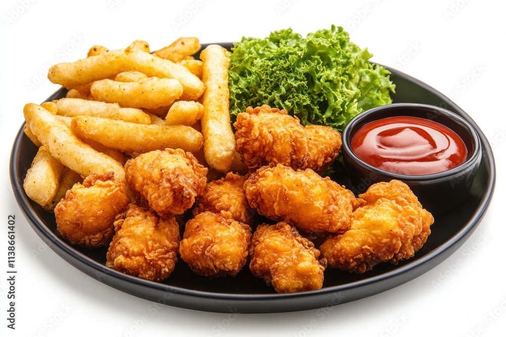 Plate with tasty fried popcorn chicken on white background Plate with tasty fried popcorn chicken on white background