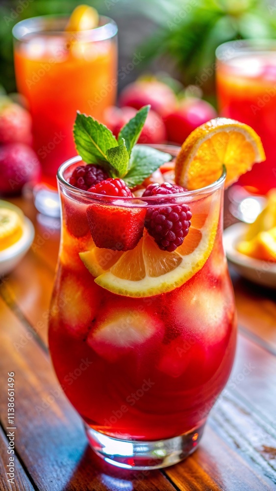 Chilled fruit punch with orange slices, raspberries, strawberries, and mint, for a tropical vibe Chilled fruit punch with orange slices, raspberries, strawberries, and mint, for a tropical vibe