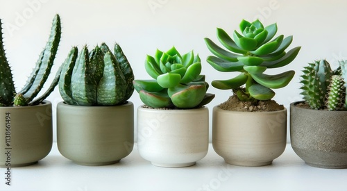 Several different types of succulents in small pots on a table photo