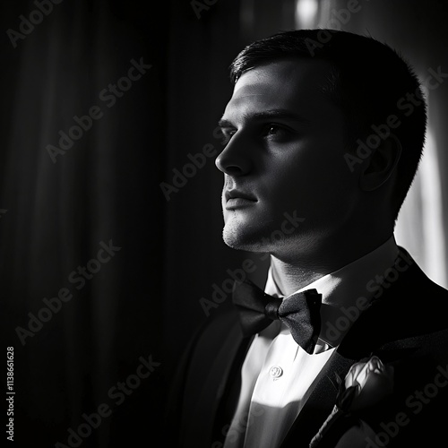 Elegant Young Man in Formal Attire Reflects in Dramatic Black and White Portrait