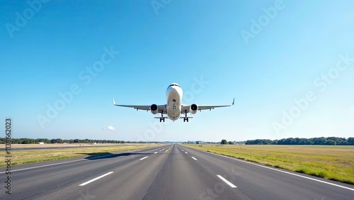 Modern airplane taking off under a clear blue sky, captured from the edge of the airport runway