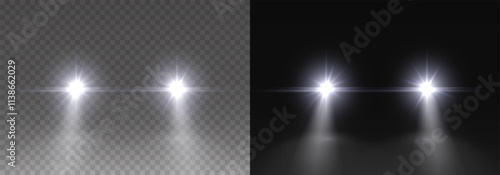 Cars headlight effect. Realistic white round flares beams isolated on transparent background. Vector bright train lights template