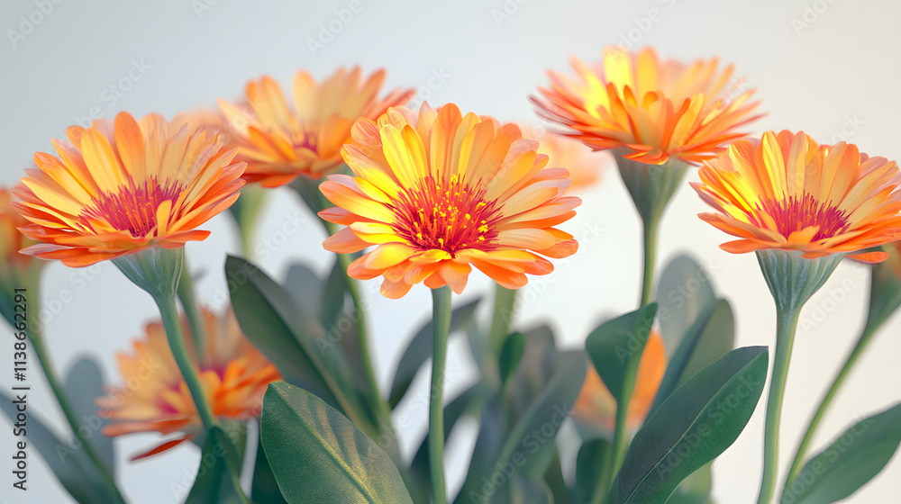 Close-up view of vibrant orange and yellow gerbera daisies blooming beautifully, with lush green leaves creating a lively and cheerful floral scene. . Close-up view of vibrant orange and yellow gerbera daisies blooming beautifully, with lush green leaves creating a lively and cheerful floral scene. .