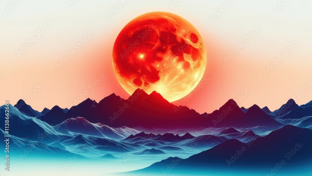 Surreal mountain landscape, vibrant red moon, cosmic sky, colorful peaks, ethereal atmosphere, digital art, dreamlike scene, gradient colors, fantasy illustration, celestial bodies, majestic scenery, Surreal mountain landscape, vibrant red moon, cosmic sky, colorful peaks, ethereal atmosphere, digital art, dreamlike scene, gradient colors, fantasy illustration, celestial bodies, majestic scenery,