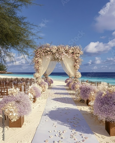 A picturesque beachfront wedding setup featuring elegant floral arrangements and a stunning ocean backdrop. photo