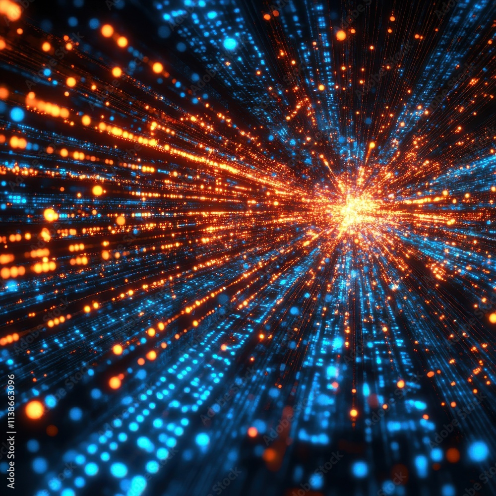 Abstract digital art depicting a burst of blue and orange light particles radiating outward, creating a dynamic motion effect. Abstract digital art depicting a burst of blue and orange light particles radiating outward, creating a dynamic motion effect.