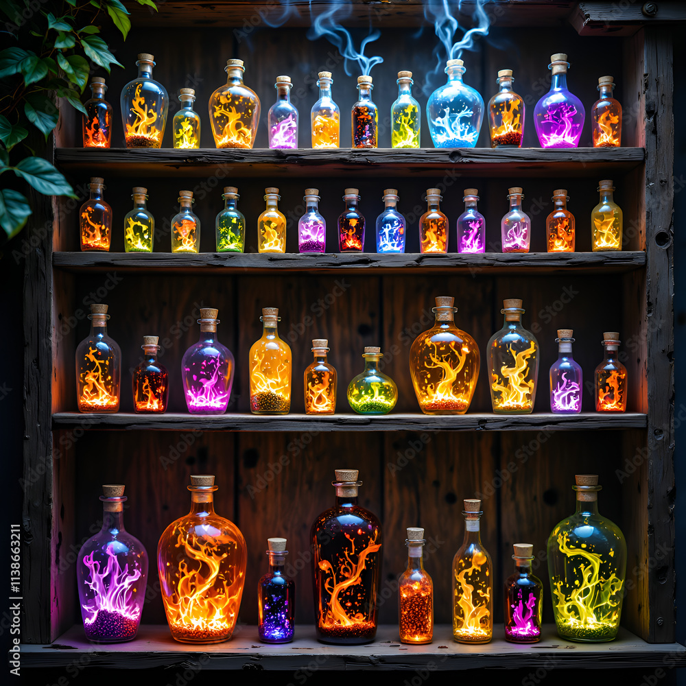 Fototapeta premium A colorful display of magical potions containing enchanted smoke and glowing lights, photography of still life concept.