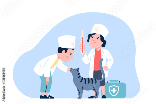 Kid playing veterinary. Boy and girl toddlers wearing doctor costumes. Children treat cat, using thermometer and first aid kit. Kids play recent vector scene