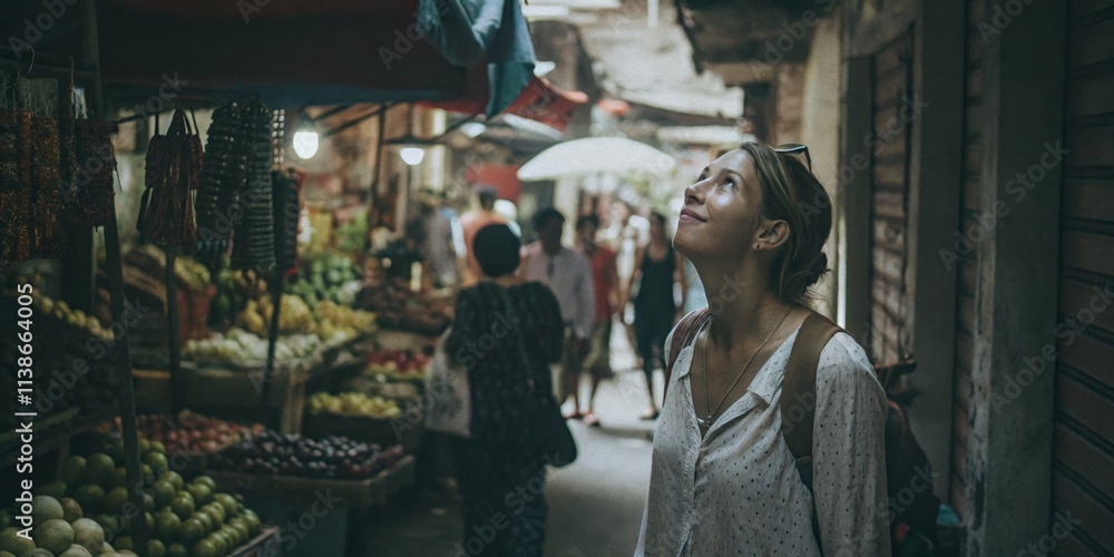 Obraz premium Young Woman Exploring a Vibrant Market with Fresh Produce and Unique Goods