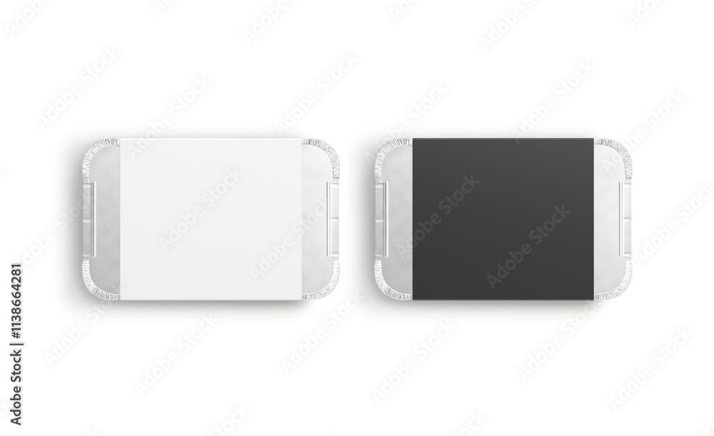 Blank black and white aluminium foil container paper label mockup Blank black and white aluminium foil container paper label mockup