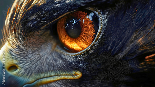 A beautiful eagle eye, with a yellow-orange hue, one of the best eyes in the world. A stunning falcon's eye.