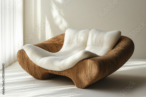 A modern, sculptural sofa featuring a unique organic design with a wooden base and plush white upholstery, set against a light backdrop with soft natural lighting.