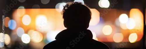 A lone figure stands with their back to the camera, framed by urban lights that enhance a mysterious mood. photo