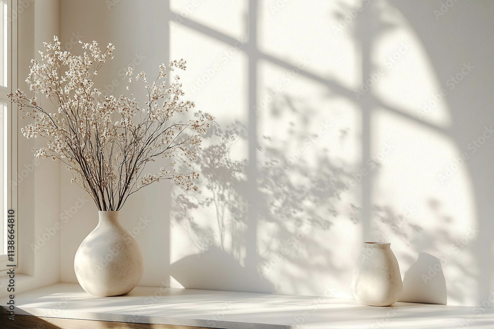 A serene interior scene featuring a vase with dried flowers on a wooden surface. Soft shadows from the window create a calming atmosphere, highlighting the minimalist decor. A serene interior scene featuring a vase with dried flowers on a wooden surface. Soft shadows from the window create a calming atmosphere, highlighting the minimalist decor.
