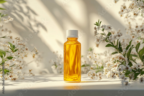 A clear bottle filled with orange liquid, surrounded by delicate white flowers on a light background. The soft shadows create a serene atmosphere, ideal for wellness or beauty products.