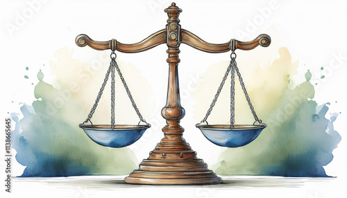 Watercolor painting of balanced scale. Law and jurisdiction concept. Hand drawn art.