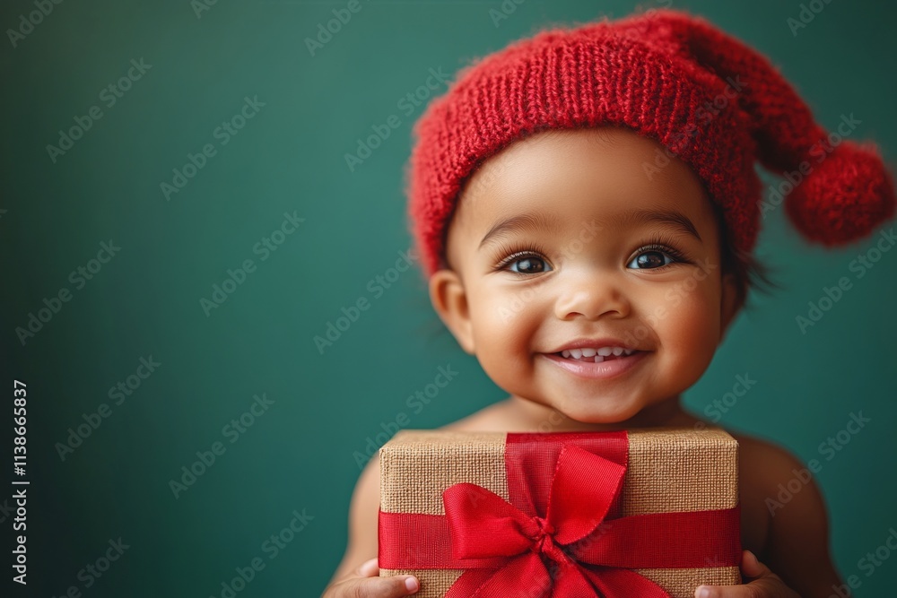 Copyspace. Isolated white black baby girl in red santa cap with present box in hands, on green background. Green christmas card. Professional christmas ornament. Studio holiday photography. Copyspace. Isolated white black baby girl in red santa cap with present box in hands, on green background. Green christmas card. Professional christmas ornament. Studio holiday photography.