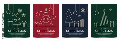 Minimalist Christmas banner design, featuring line art illustrations of Christmas trees, gift boxes, and ornaments. Usable for social media post, greeting card, invitation, cover, banner, and story