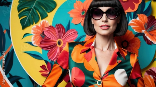 Vibrant fashion statement against a bold floral backdrop showcases a confident and stylish individual in the heart of summer photo