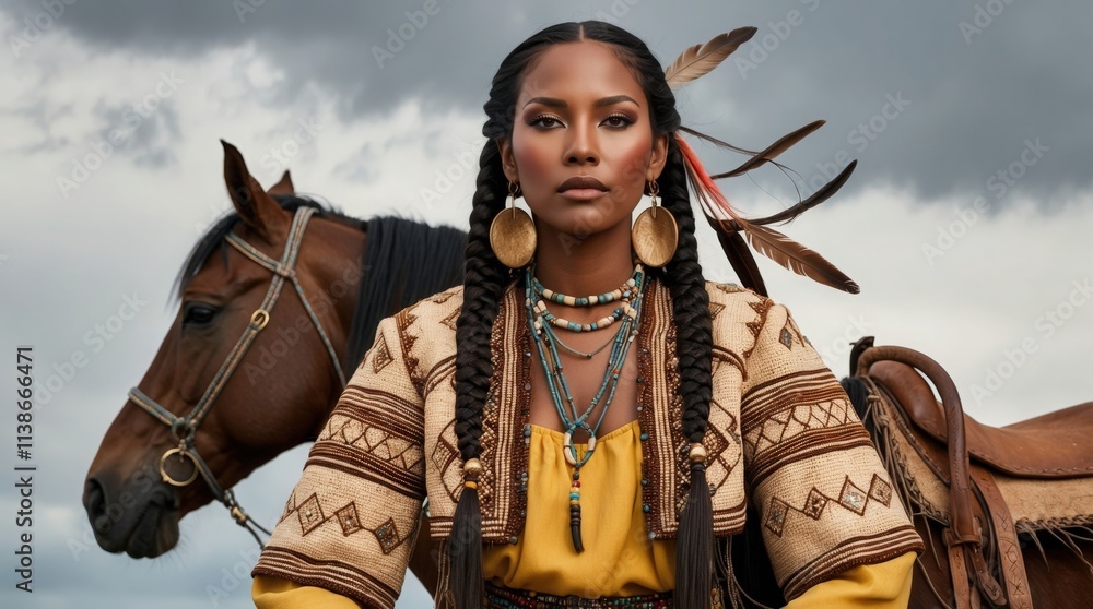 Obraz premium Strong spirit and proud heritage captured in stunning portrait of indigenous woman with horse in vast landscape under dramatic sky