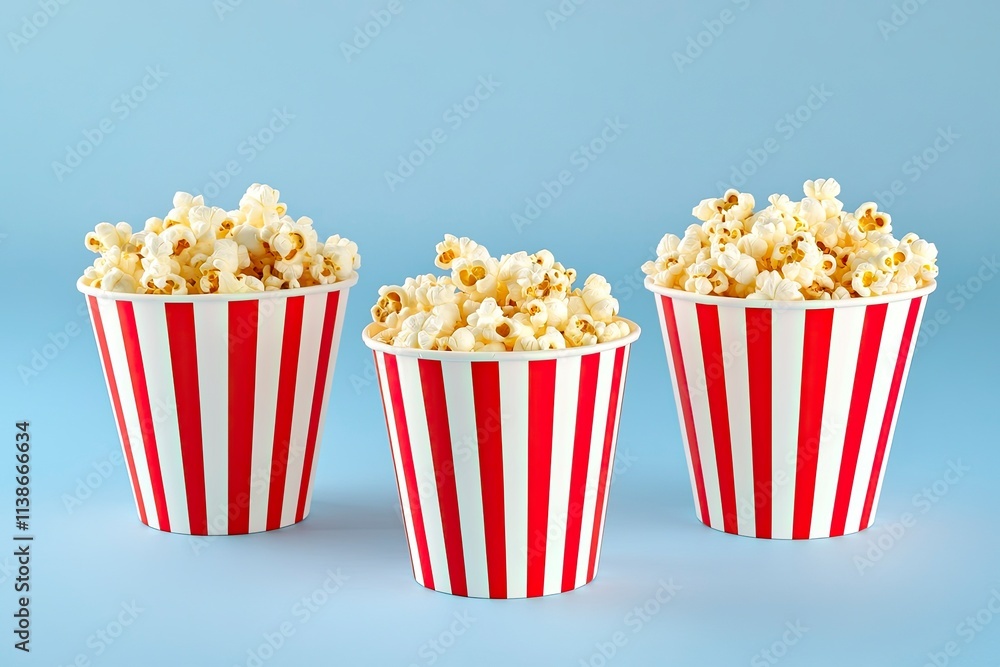 Popcorn box. Red and white striped buckets of popcorn on a blue background. Cinema and entertainment concept. Movie night with popcorn. Cheesy popcorn. Delicious appetizer, snack. Place for text. Popcorn box. Red and white striped buckets of popcorn on a blue background. Cinema and entertainment concept. Movie night with popcorn. Cheesy popcorn. Delicious appetizer, snack. Place for text.