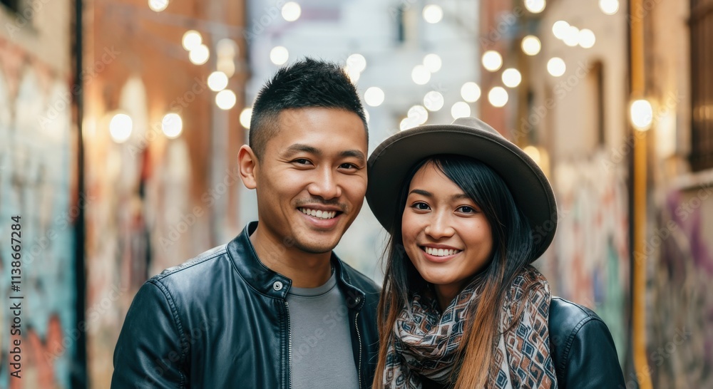 Urban evening stroll with a smiling asian couple in stylish winter fashion Urban evening stroll with a smiling asian couple in stylish winter fashion