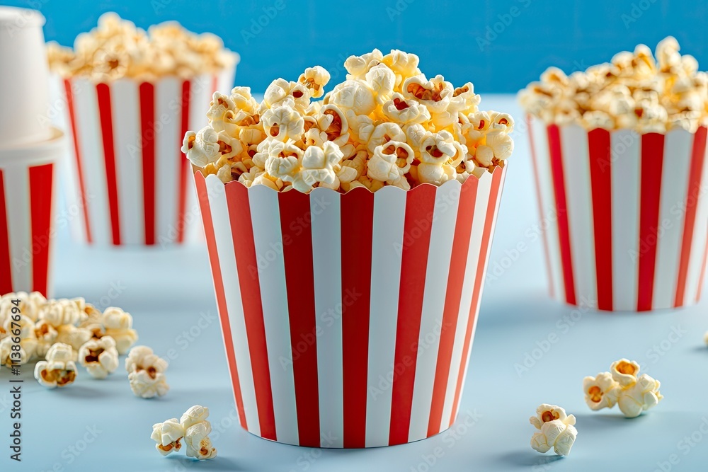 Popcorn box. Red and white striped buckets of popcorn on a blue background. Cinema and entertainment concept. Movie night with popcorn. Cheesy popcorn. Delicious appetizer, snack. Place for text. Popcorn box. Red and white striped buckets of popcorn on a blue background. Cinema and entertainment concept. Movie night with popcorn. Cheesy popcorn. Delicious appetizer, snack. Place for text.
