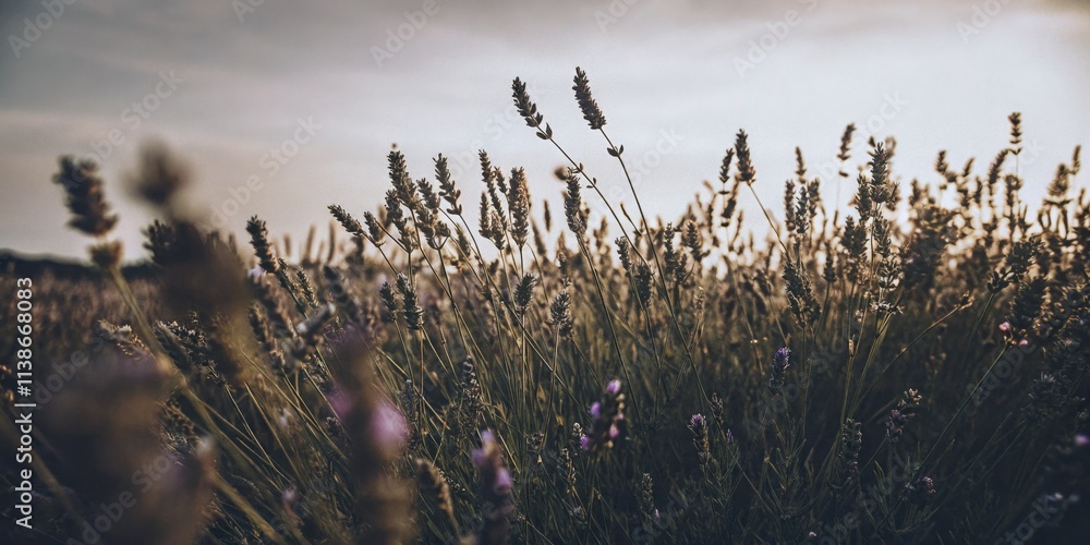 Obraz premium Serene Lavender Field at Sunset With Warm Golden Light and Calm Atmosphere